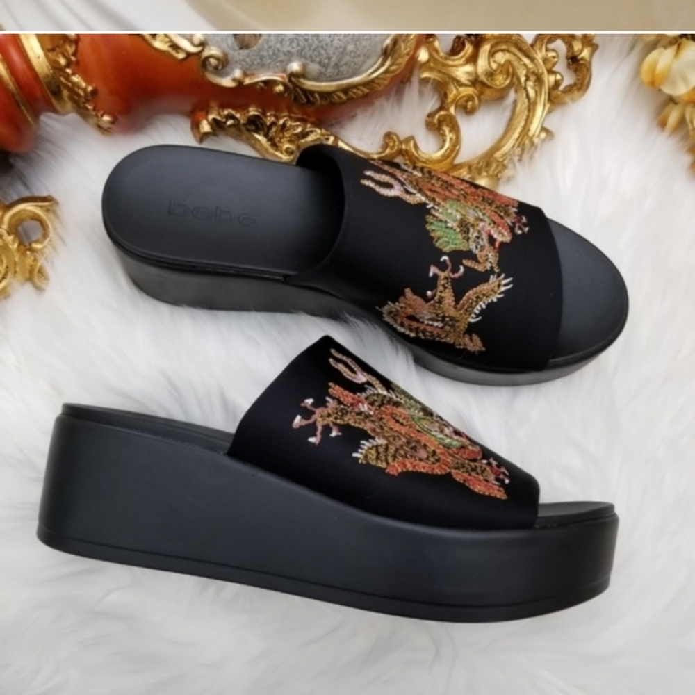 Bebe Dragon Embroidered Slide Sandal